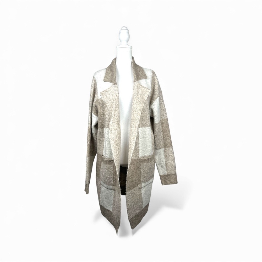 Altar'd State Women's Plaid Open Front Long Cardigan Sweater Size Large Beige